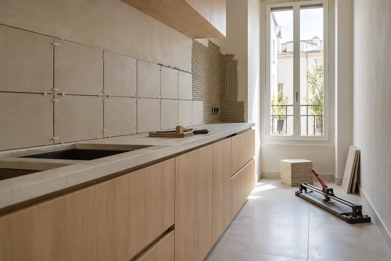 Visualización conceptual IA: Colocación de azulejos con separadores y adhesivo sobre una pared de cocina.