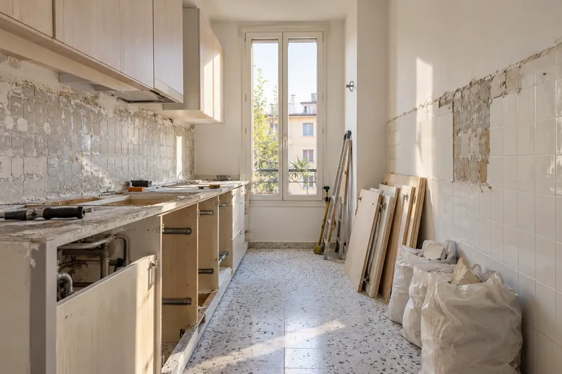 Visualización conceptual IA: Retirada de muebles y revestimientos al comienzo de una reforma de cocina.
