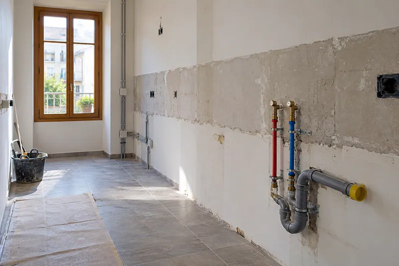 Visualización conceptual IA: Tuberías de suministro y desagüe durante la renovación de una cocina.