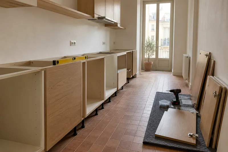 Visualización conceptual IA: Módulos de cocina en montaje con puertas pendientes de colocar.