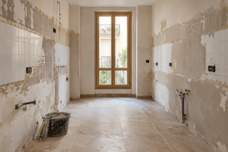 Visualización conceptual IA: Cocina sin muebles con paredes en preparación y zonas de enlucido.